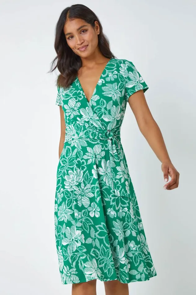 Women Green Floral Print Stretch Wrap Dress Roman Dresses