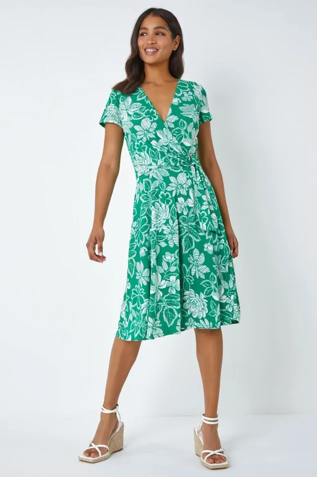 Women Green Floral Print Stretch Wrap Dress Roman Dresses