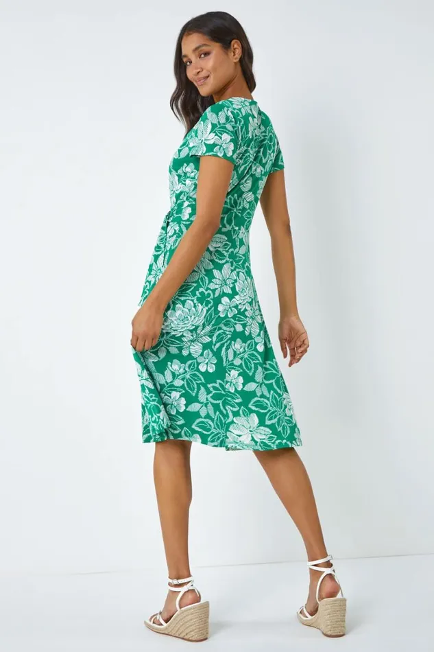 Women Green Floral Print Stretch Wrap Dress Roman Dresses