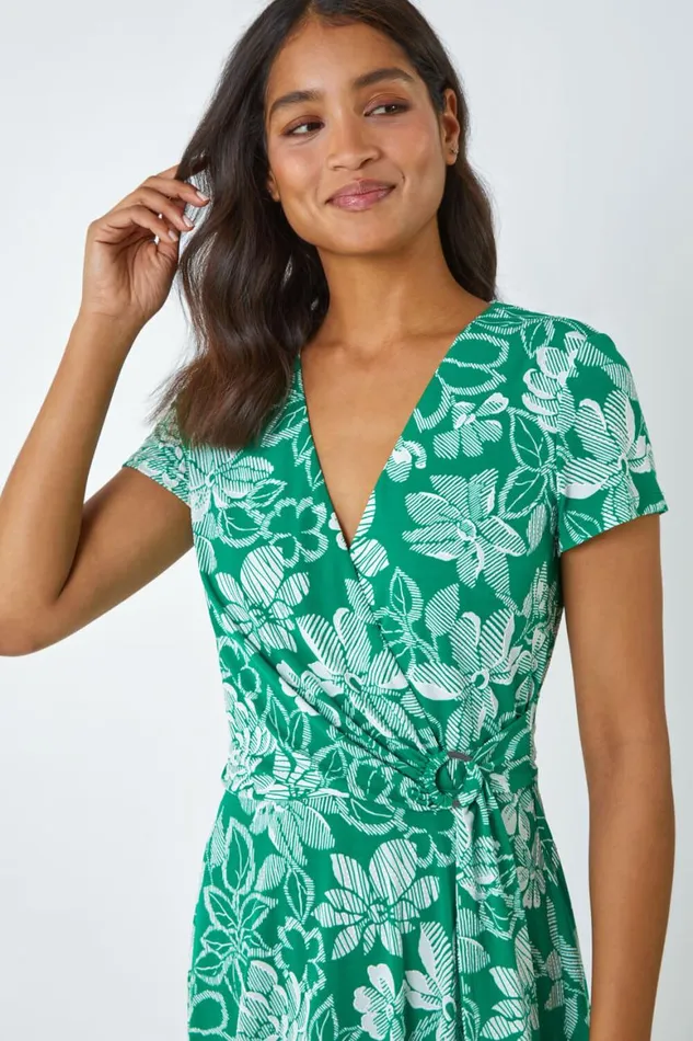 Women Green Floral Print Stretch Wrap Dress Roman Dresses