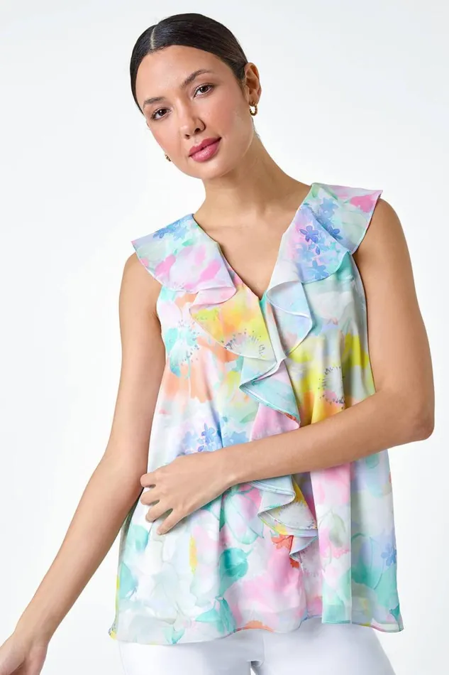 Women Green Floral Print VNeck Ruffle Front Top Roman Tops