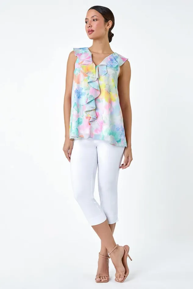 Women Green Floral Print VNeck Ruffle Front Top Roman Tops