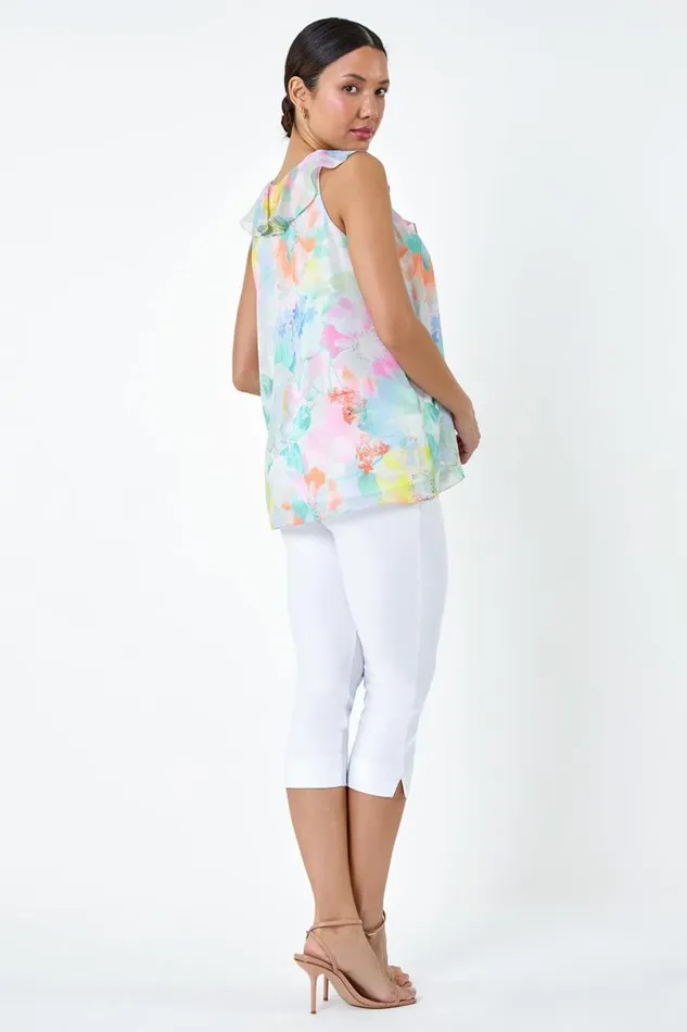 Women Green Floral Print VNeck Ruffle Front Top Roman Tops