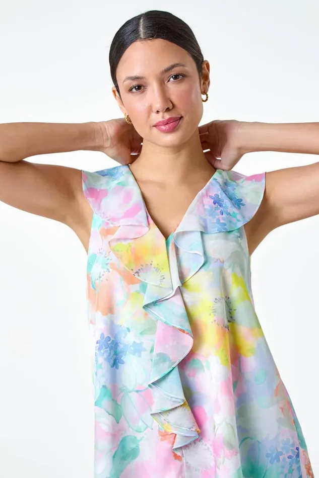 Women Green Floral Print VNeck Ruffle Front Top Roman Tops