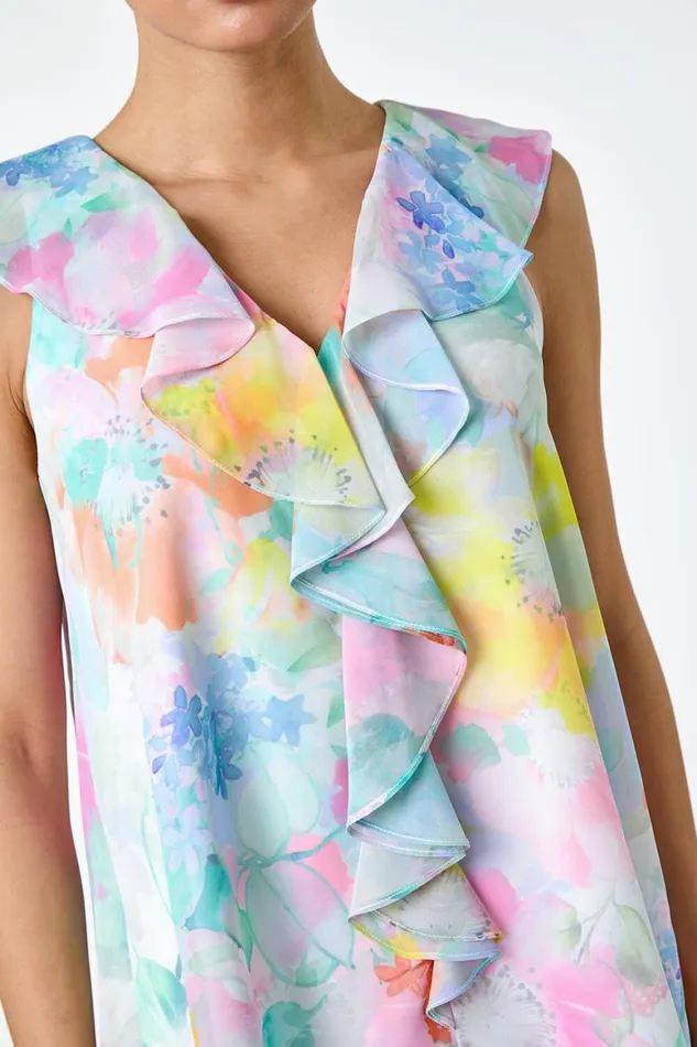 Women Green Floral Print VNeck Ruffle Front Top Roman Tops