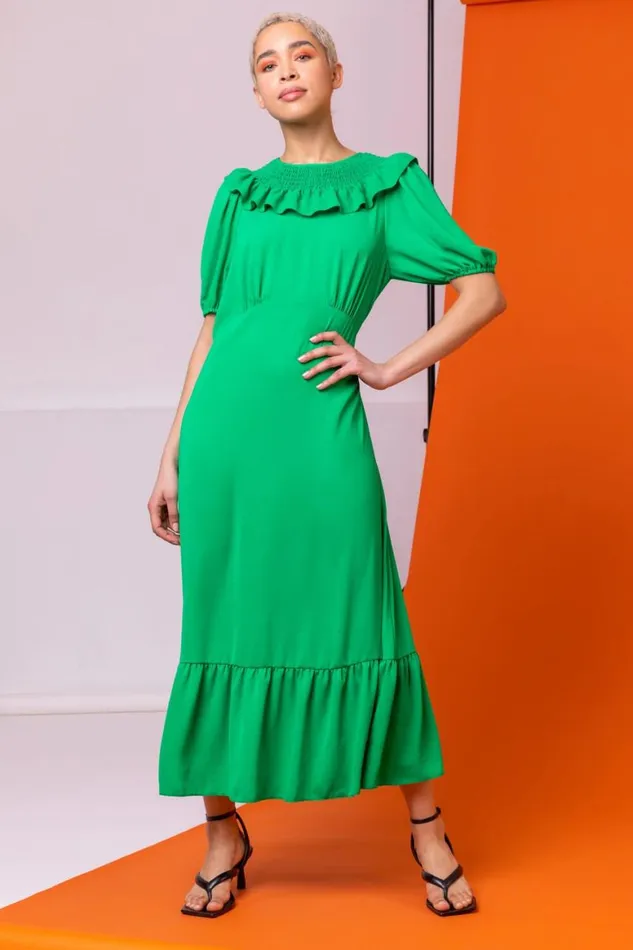 Women Green Frill Collar Detail Midi Dress Roman Dresses