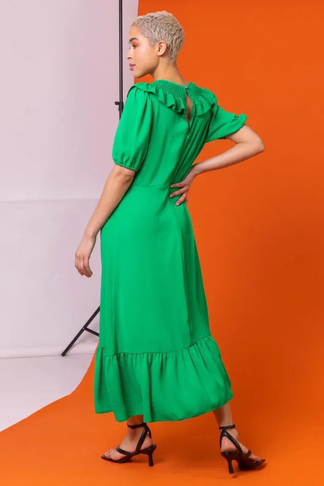 Women Green Frill Collar Detail Midi Dress Roman Dresses