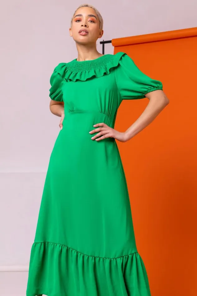 Women Green Frill Collar Detail Midi Dress Roman Dresses