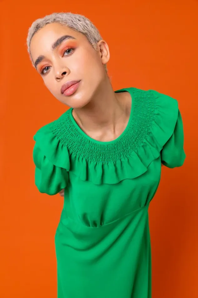 Women Green Frill Collar Detail Midi Dress Roman Dresses