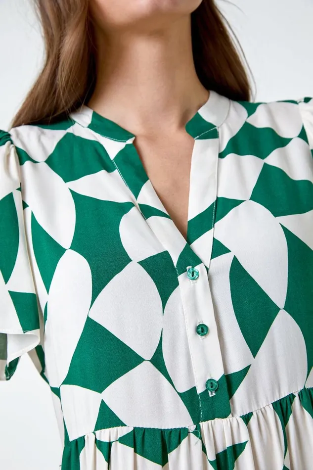 Women Green Geometric Print Tiered Midi Dress Roman Dresses