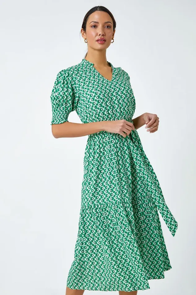 Women Green Geometric Tiered Belted Midi Dress Roman Dresses