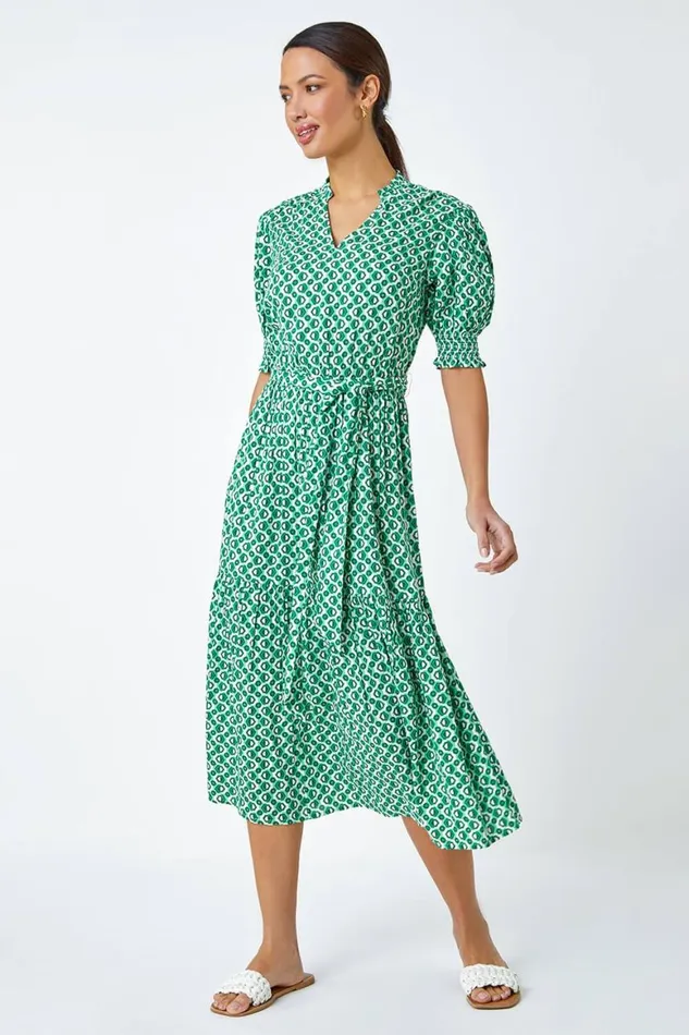 Women Green Geometric Tiered Belted Midi Dress Roman Dresses