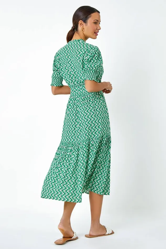 Women Green Geometric Tiered Belted Midi Dress Roman Dresses