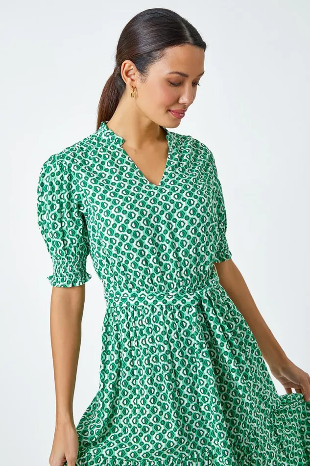 Women Green Geometric Tiered Belted Midi Dress Roman Dresses