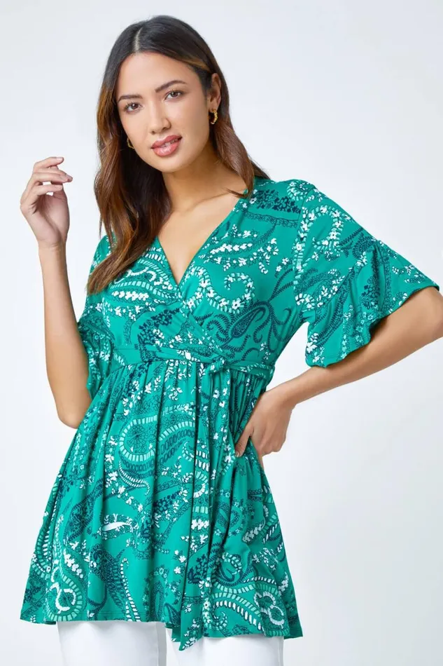 Women Green Paisley Print Stretch Jersey VNeck Wrap Top Roman Tops