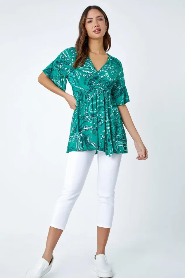 Women Green Paisley Print Stretch Jersey VNeck Wrap Top Roman Tops