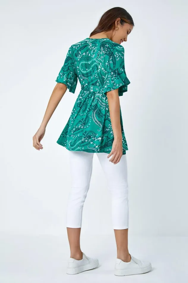 Women Green Paisley Print Stretch Jersey VNeck Wrap Top Roman Tops