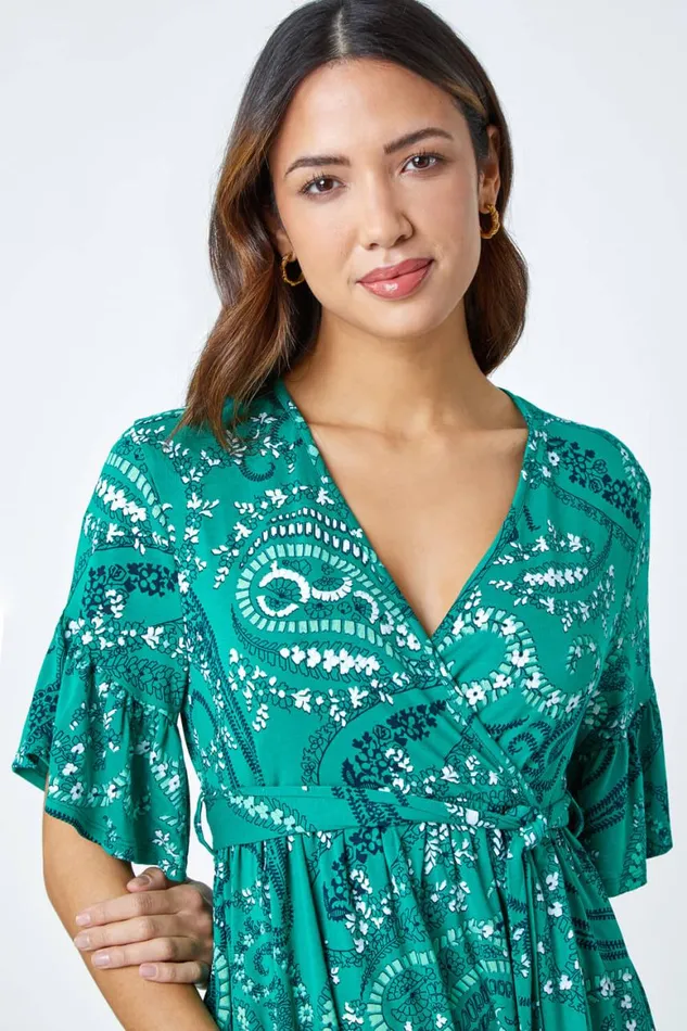 Women Green Paisley Print Stretch Jersey VNeck Wrap Top Roman Tops