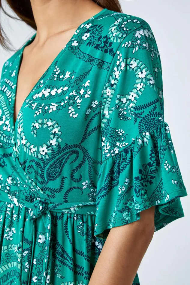 Women Green Paisley Print Stretch Jersey VNeck Wrap Top Roman Tops