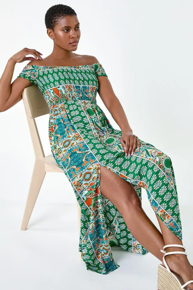 Women Green Patchwork Shirred Bardot Maxi Dress Roman Dresses