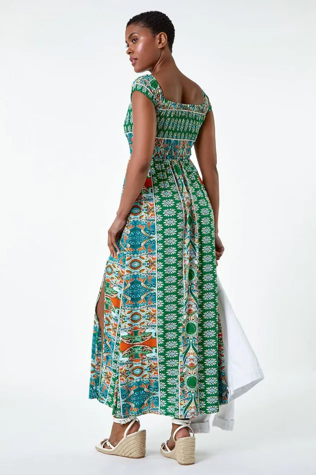 Women Green Patchwork Shirred Bardot Maxi Dress Roman Dresses