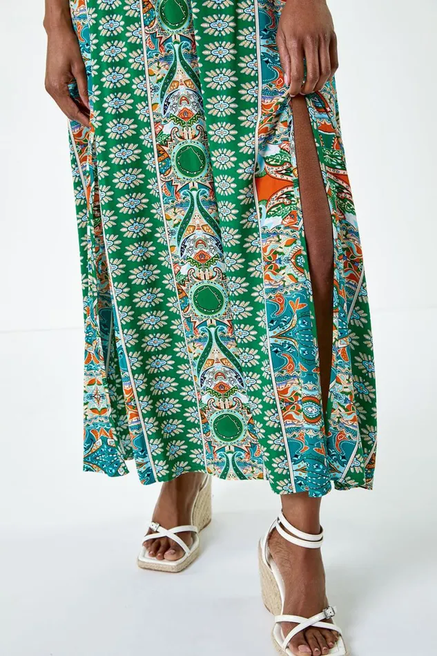 Women Green Patchwork Shirred Bardot Maxi Dress Roman Dresses