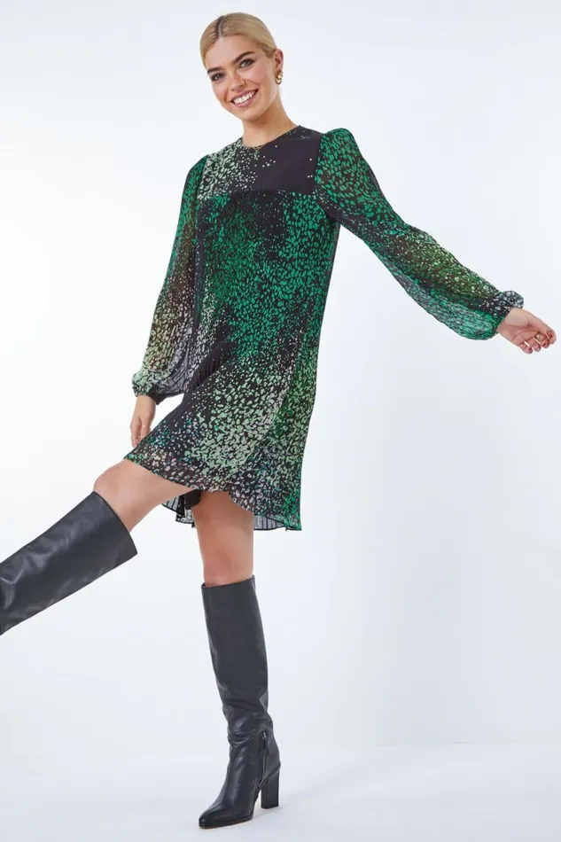 Women Green Pebble Print Chiffon Plisse Swing Dress Roman Dresses