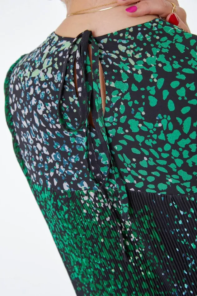 Women Green Pebble Print Chiffon Plisse Swing Dress Roman Dresses