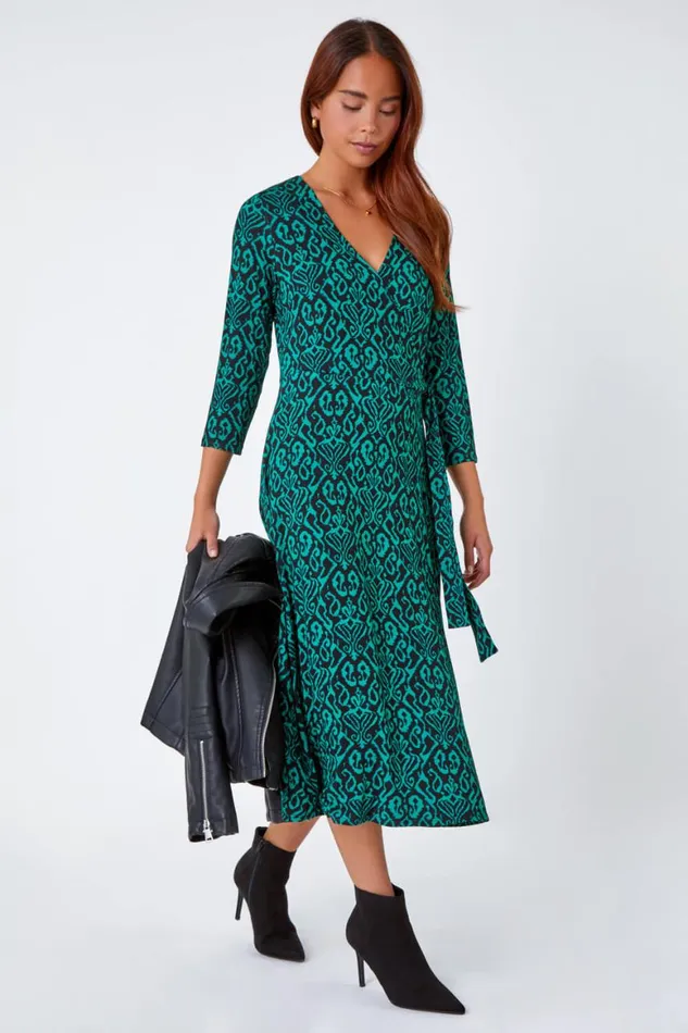 Women Green Petite Aztec Print Tie Waist Midi Stretch Dress Roman Dresses