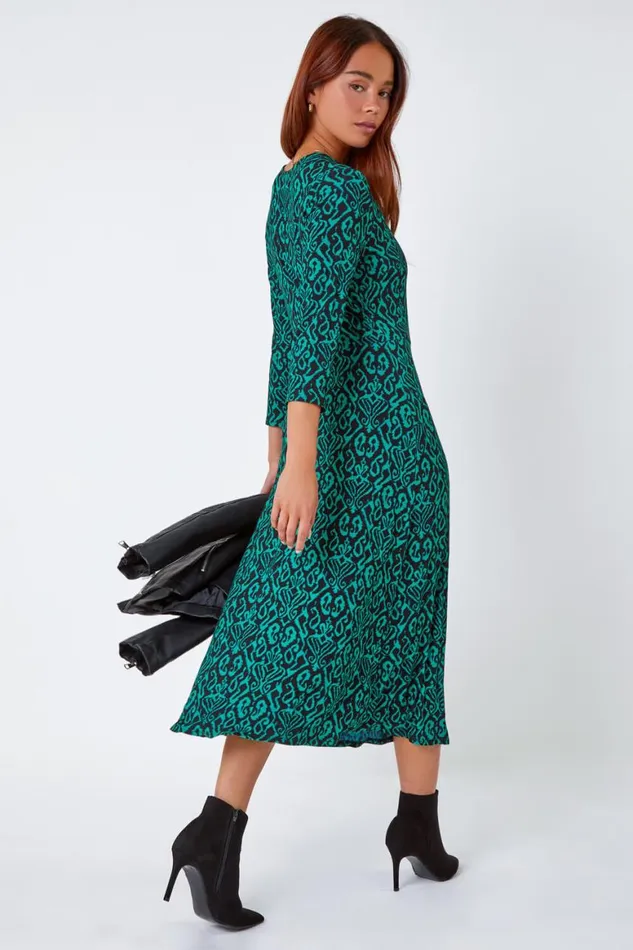 Women Green Petite Aztec Print Tie Waist Midi Stretch Dress Roman Dresses