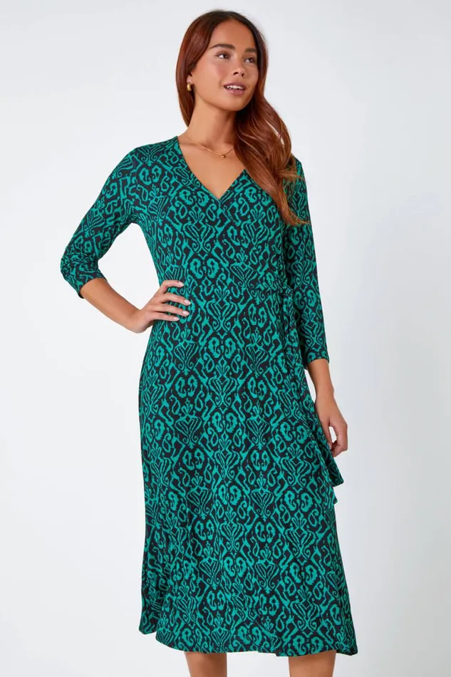 Women Green Petite Aztec Print Tie Waist Midi Stretch Dress Roman Dresses