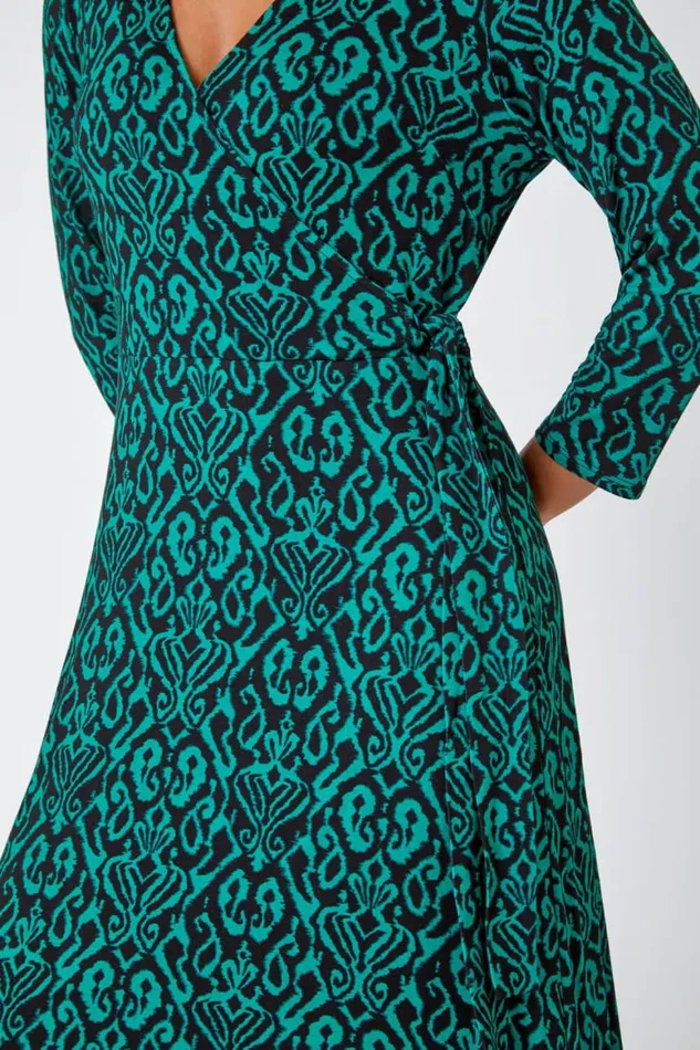 Women Green Petite Aztec Print Tie Waist Midi Stretch Dress Roman Dresses