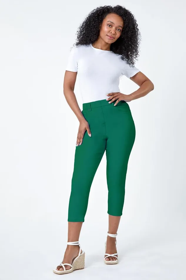 Women Green Petite Elastic Waist Cropped Denim Jegging Roman Trousers