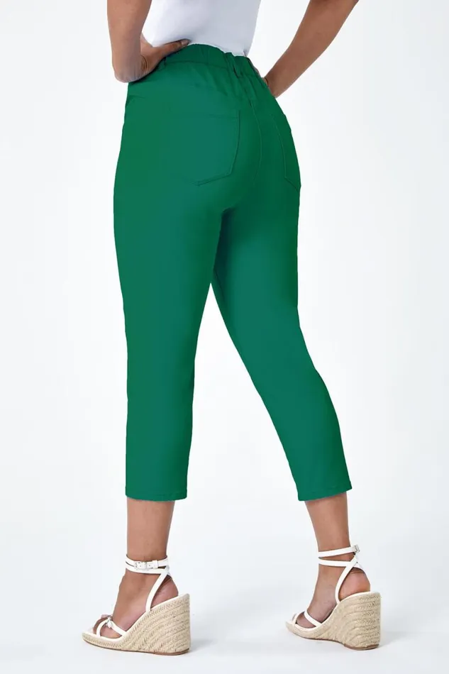 Women Green Petite Elastic Waist Cropped Denim Jegging Roman Trousers