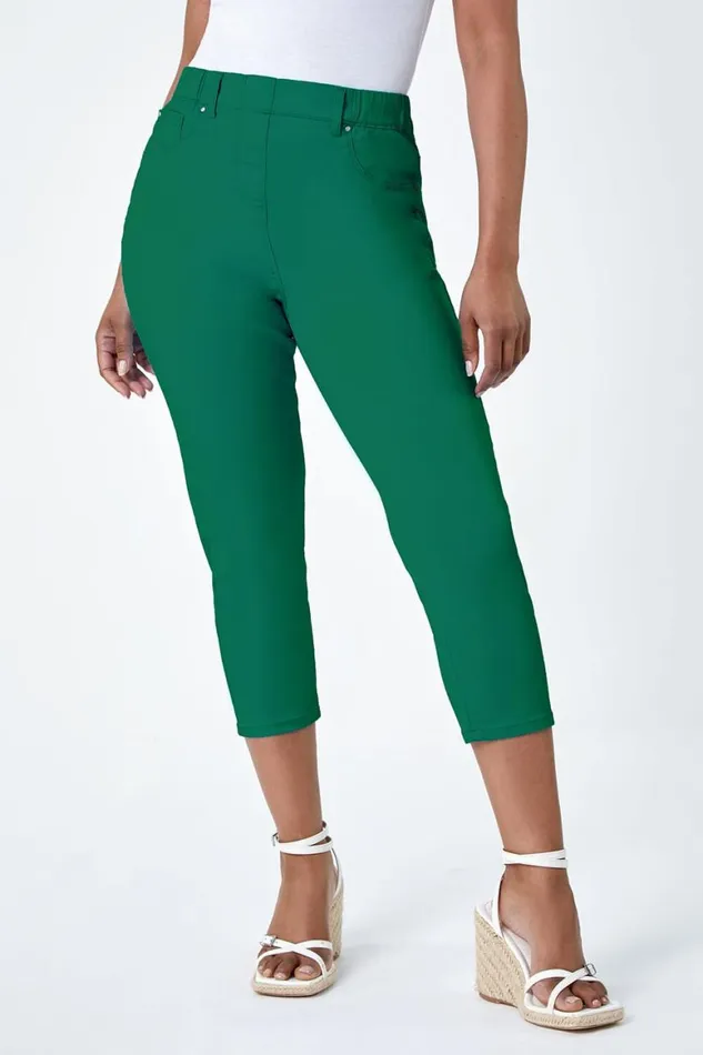 Women Green Petite Elastic Waist Cropped Denim Jegging Roman Trousers