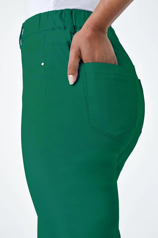 Women Green Petite Elastic Waist Cropped Denim Jegging Roman Trousers