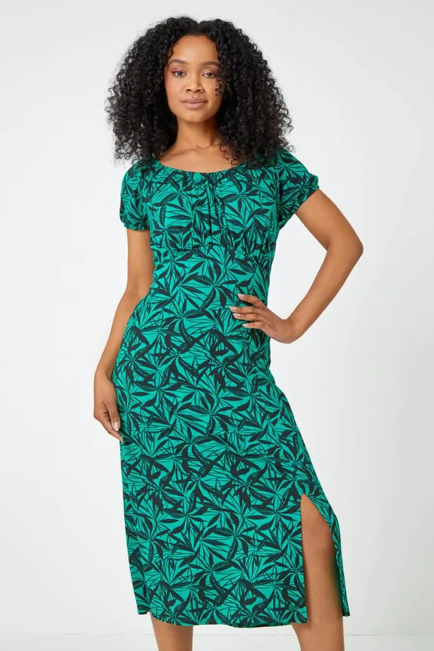 Women Green Petite Leaf Print Midi Stretch Dress Roman Dresses
