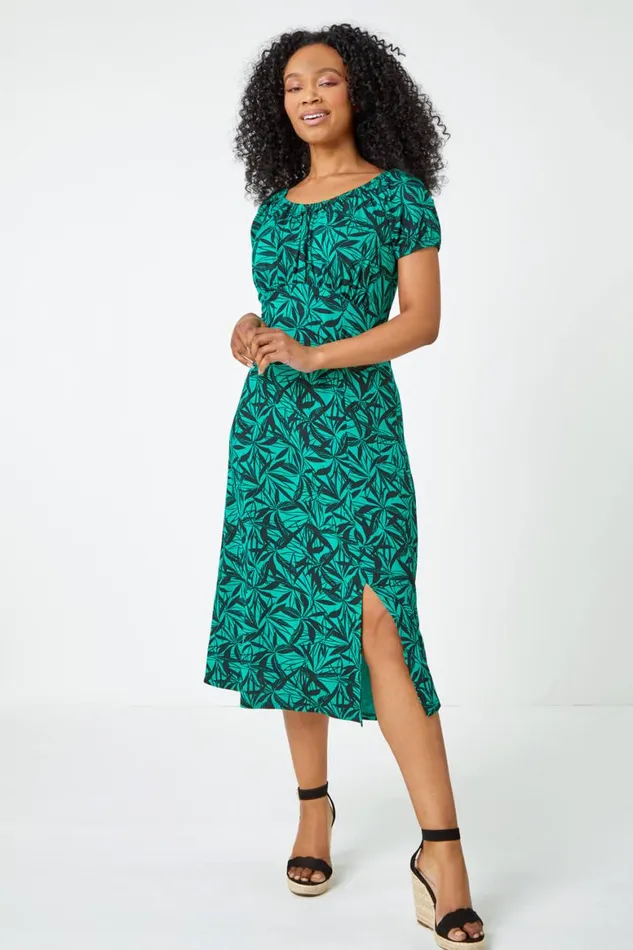 Women Green Petite Leaf Print Midi Stretch Dress Roman Dresses