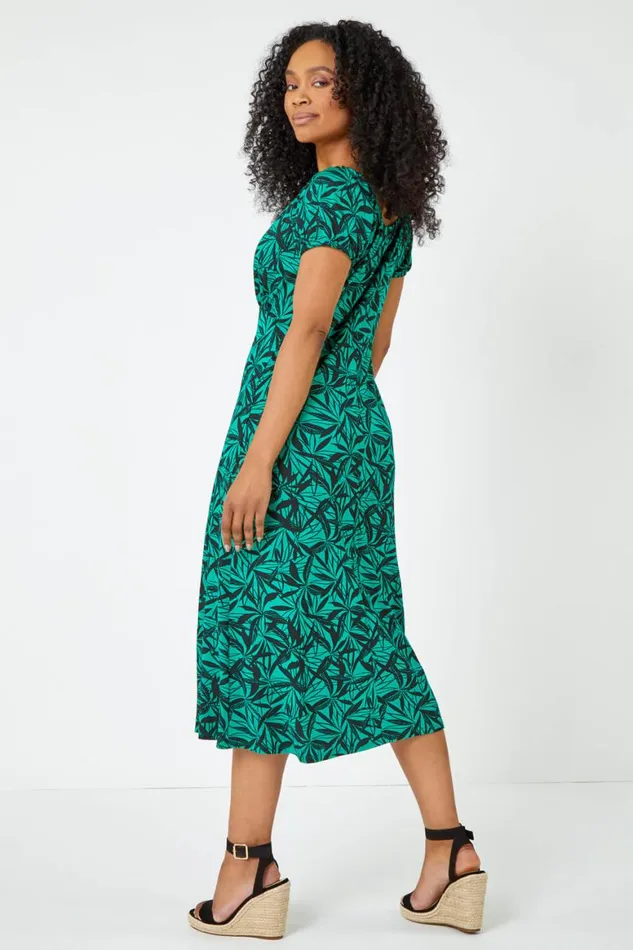 Women Green Petite Leaf Print Midi Stretch Dress Roman Dresses