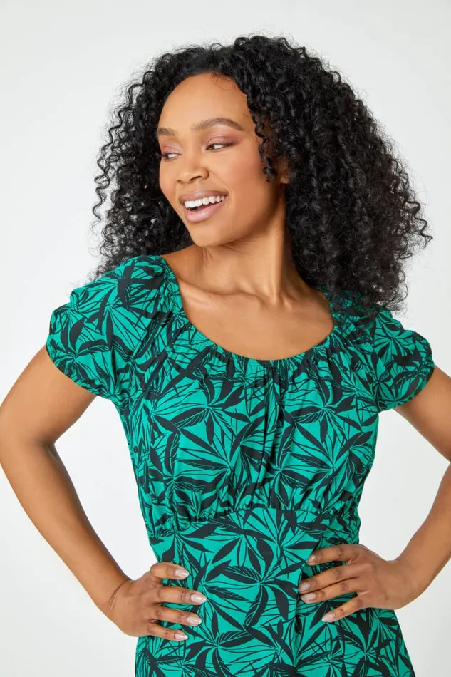 Women Green Petite Leaf Print Midi Stretch Dress Roman Dresses