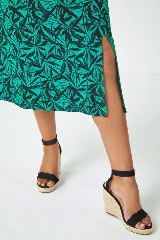 Women Green Petite Leaf Print Midi Stretch Dress Roman Dresses