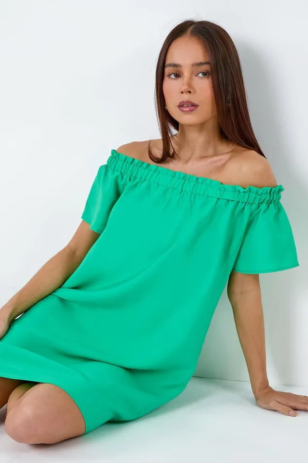 Women Green Petite Plain Stretch Neck Bardot Dress Roman Dresses