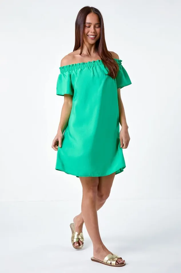 Women Green Petite Plain Stretch Neck Bardot Dress Roman Dresses