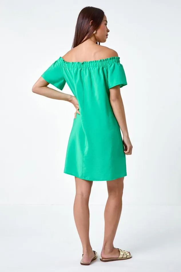 Women Green Petite Plain Stretch Neck Bardot Dress Roman Dresses