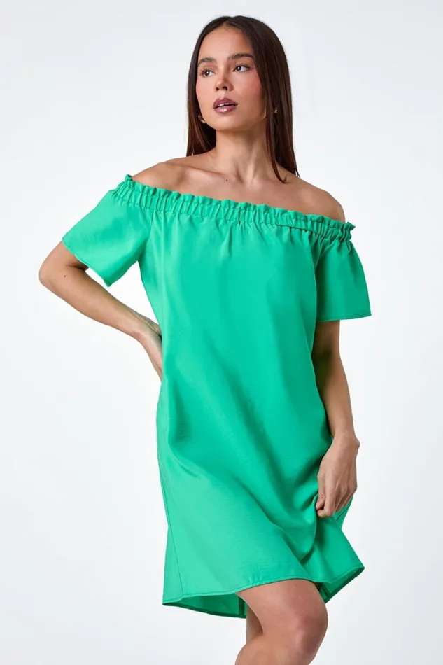 Women Green Petite Plain Stretch Neck Bardot Dress Roman Dresses