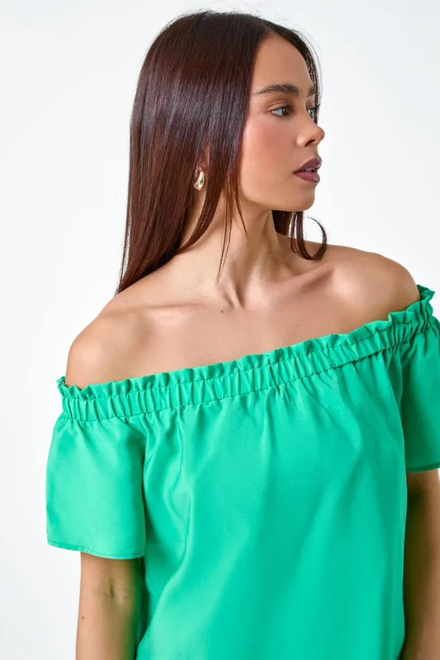 Women Green Petite Plain Stretch Neck Bardot Dress Roman Dresses