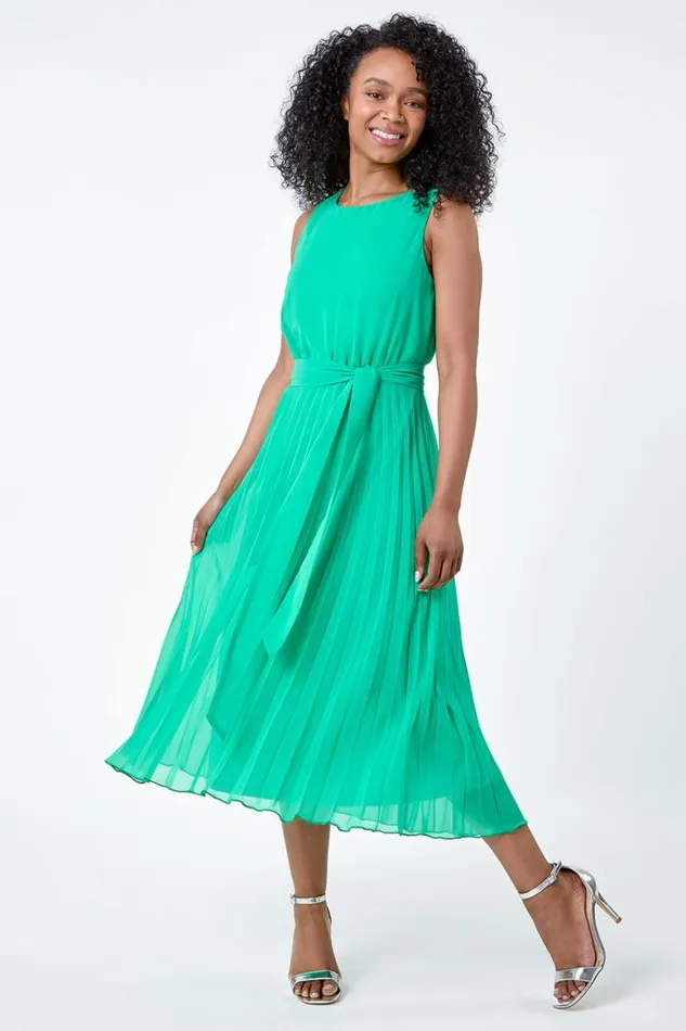 Women Green Petite Pleated Chiffon Midi Dress Roman Dresses