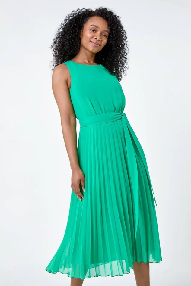 Women Green Petite Pleated Chiffon Midi Dress Roman Dresses