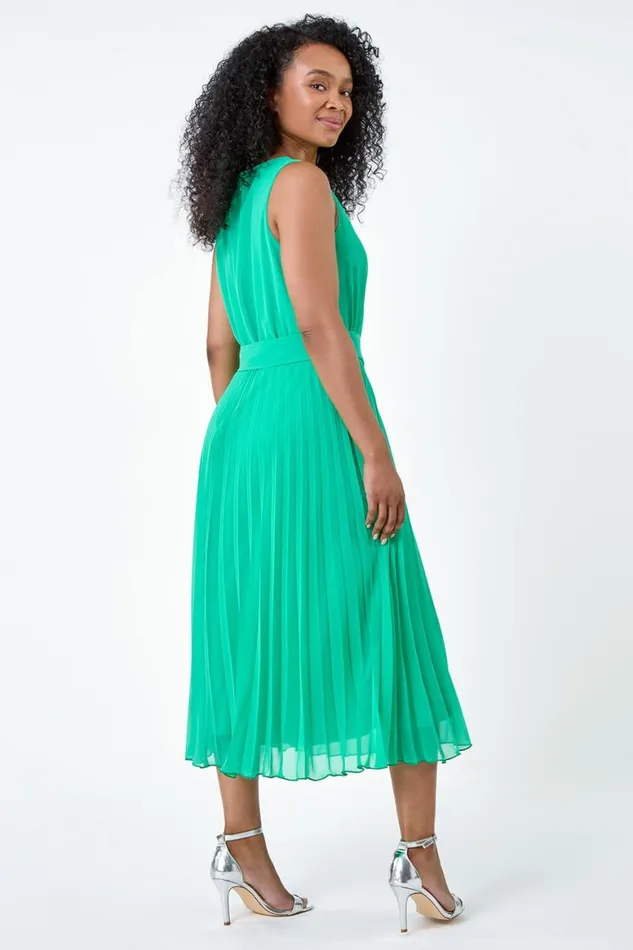 Women Green Petite Pleated Chiffon Midi Dress Roman Dresses