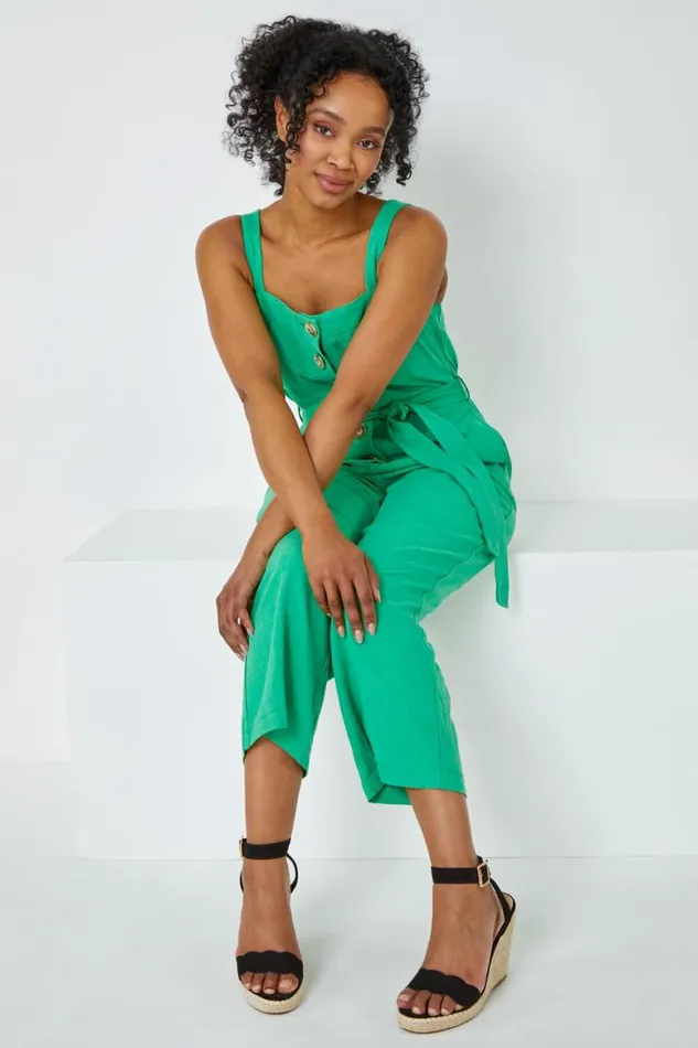 Women Green Petite Sleeveless Linen Blend Jumpsuit Roman Dresses